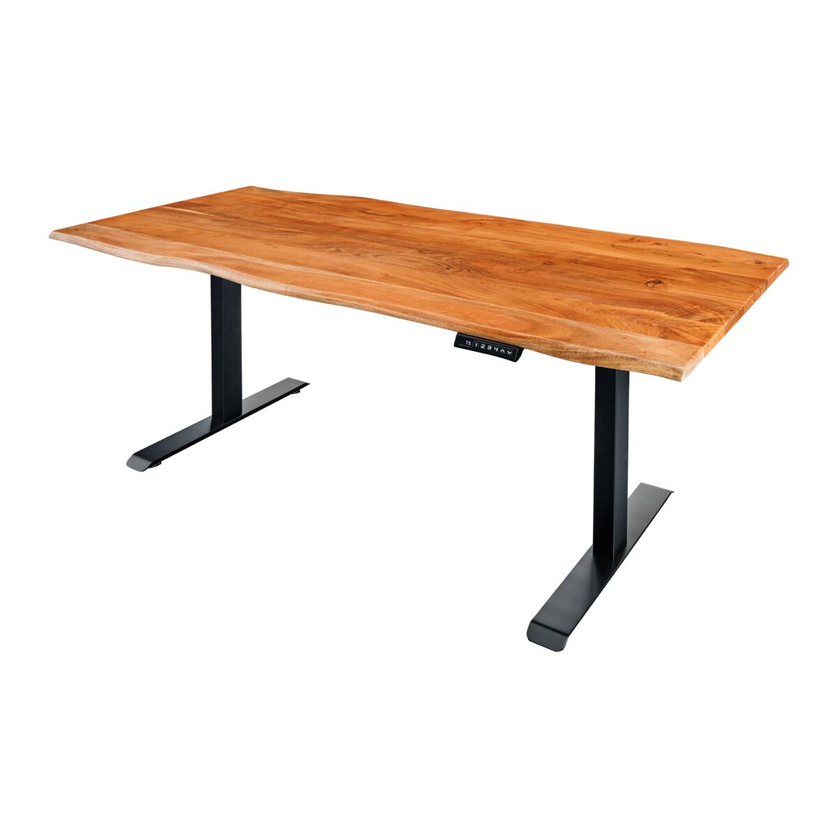 Wooden electric desk with black metal legs on a white background