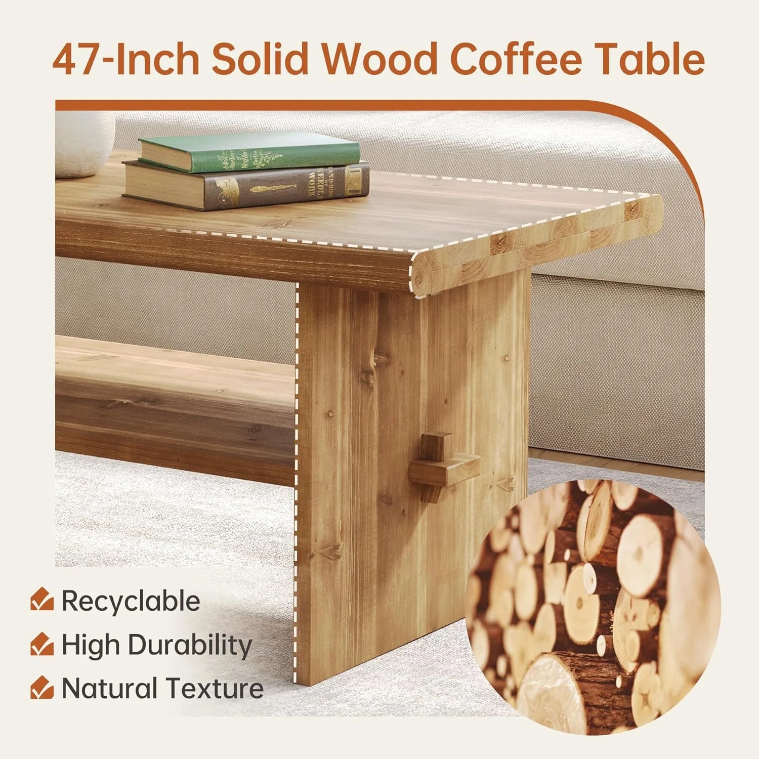 Rustic Solid Wood Coffee Table – Modern Farmhouse Wooden Living Room Centre Table with Lower Shelf