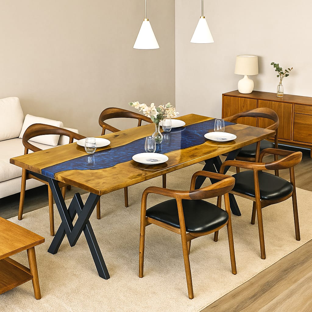 Dining room with a long wooden epoxy resin river dining table and chairs with blue epoxy river having glossy finish.