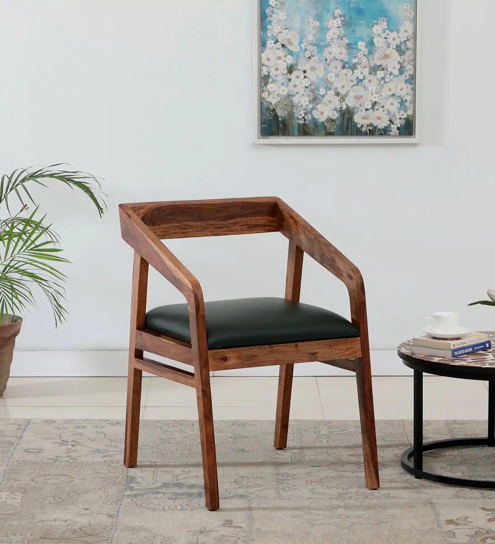 Arvello Sheesham Wood Arm Chair – Rustic Teak Finish Upholstered Lounge Seat | WoodsBuddy