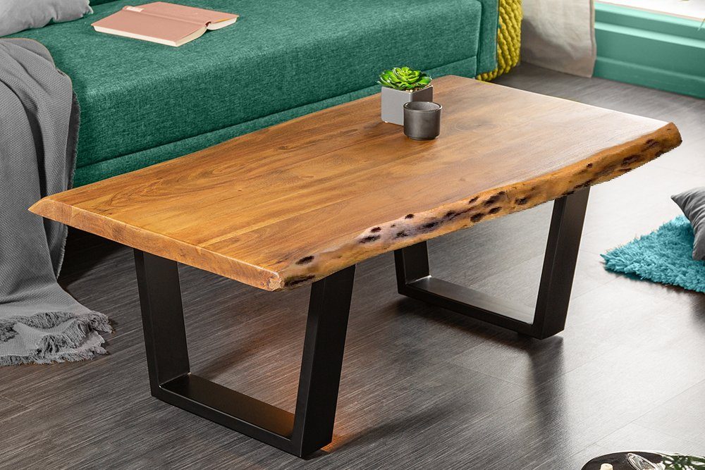 Rustic Solid Wood Live Edge Center Table | Natural Wood & Metal Base