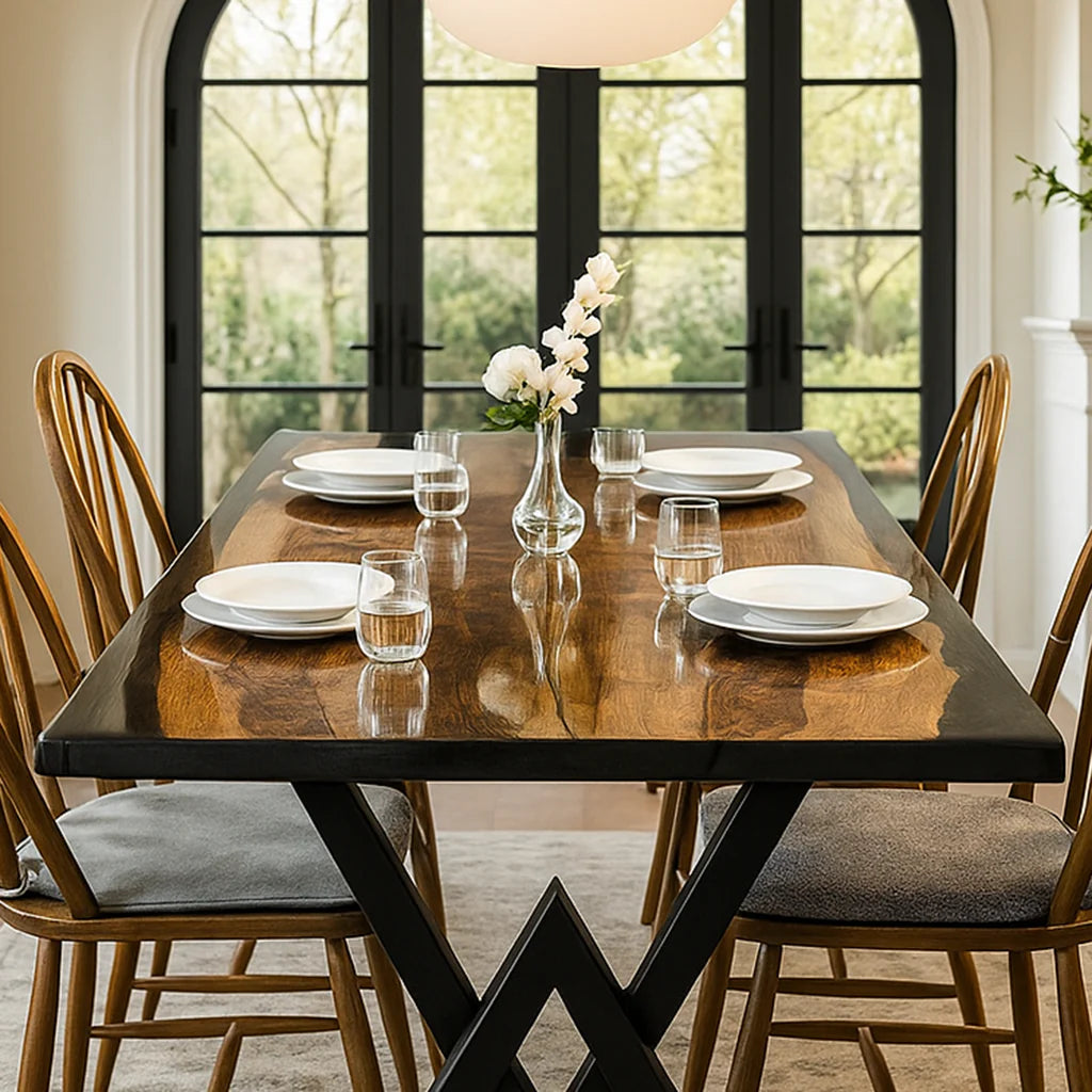 Transparent Black Epoxy Resin Dining Table – Live Edge Semi-Gloss Solid Wood 6-Seater | Wood’s Buddy