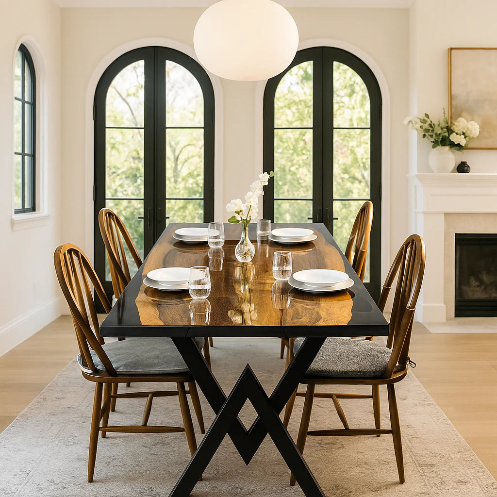 Transparent Black Epoxy Resin Dining Table – Live Edge Semi-Gloss Solid Wood 6-Seater | Wood’s Buddy