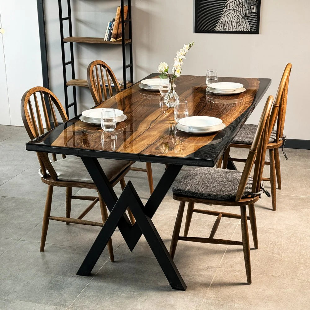 Transparent Black Epoxy Resin Dining Table – Live Edge Semi-Gloss Solid Wood 6-Seater | Wood’s Buddy