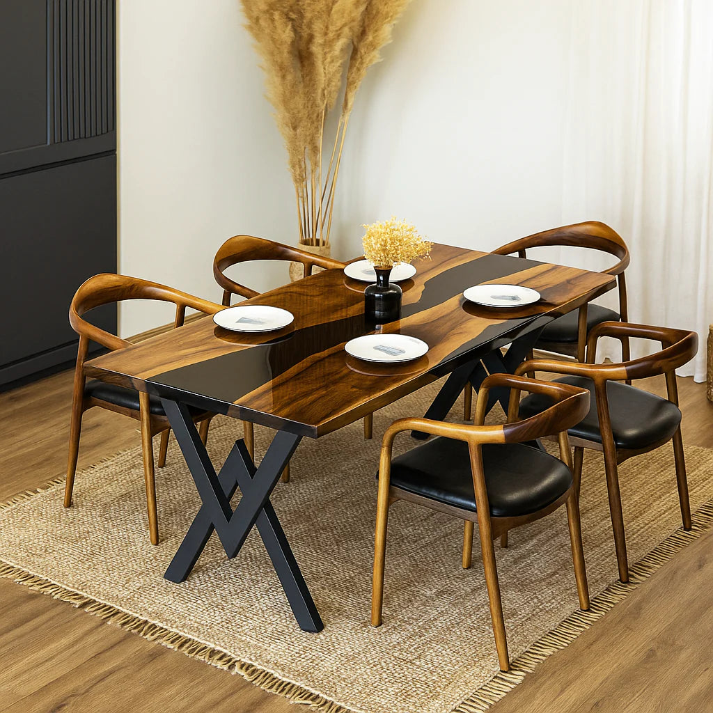 Premium Coal Black Epoxy Resin Dining Table – Live Edge Glossy Solid Wood 6-Seater | Wood’s Buddy