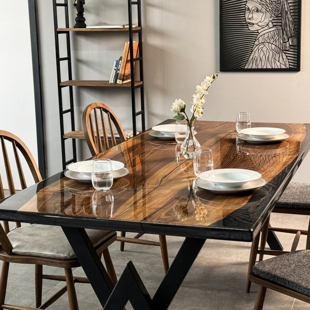Transparent Black Epoxy Resin Dining Table – Live Edge Semi-Gloss Solid Wood 6-Seater | Wood’s Buddy