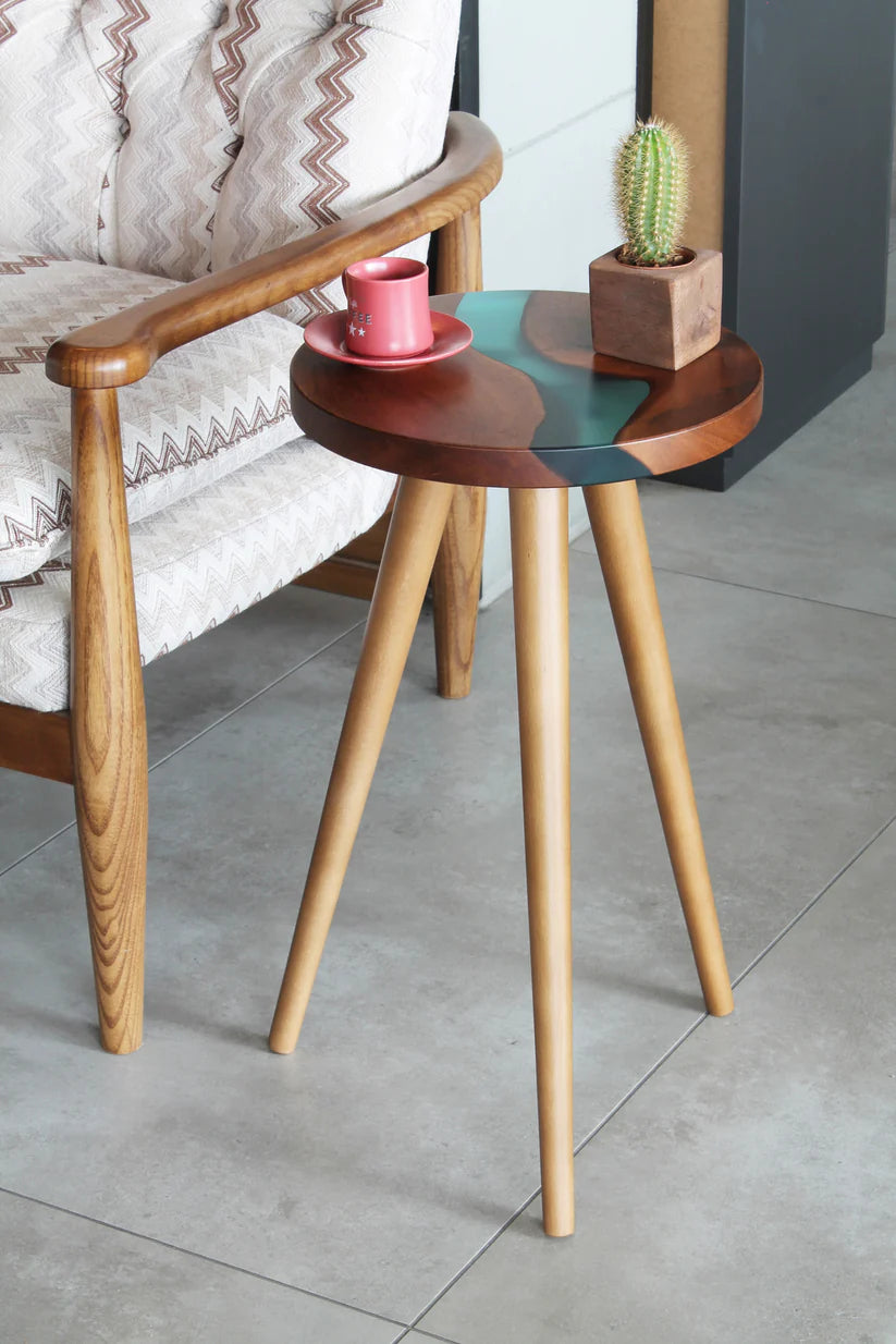 TriForm Epoxy Wooden Side Table | Compact Resin Top Accent End Table