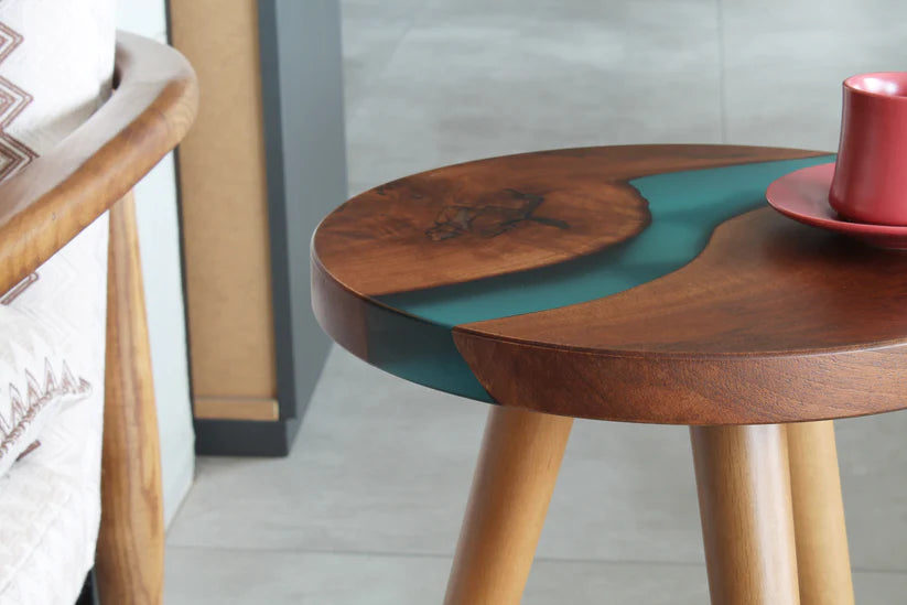 TriForm Epoxy Wooden Side Table | Compact Resin Top Accent End Table