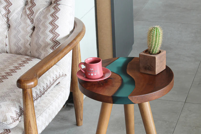 TriForm Epoxy Wooden Side Table | Compact Resin Top Accent End Table
