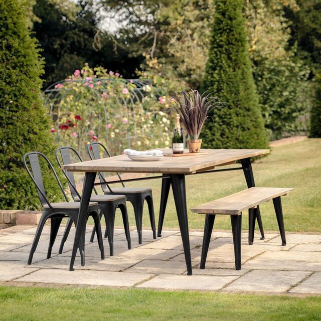 Gravita Dining Table with Bench Set – 6 Ft Solid Wood Industrial 4–5 Seater + 3 Chairs | WoodsBuddy