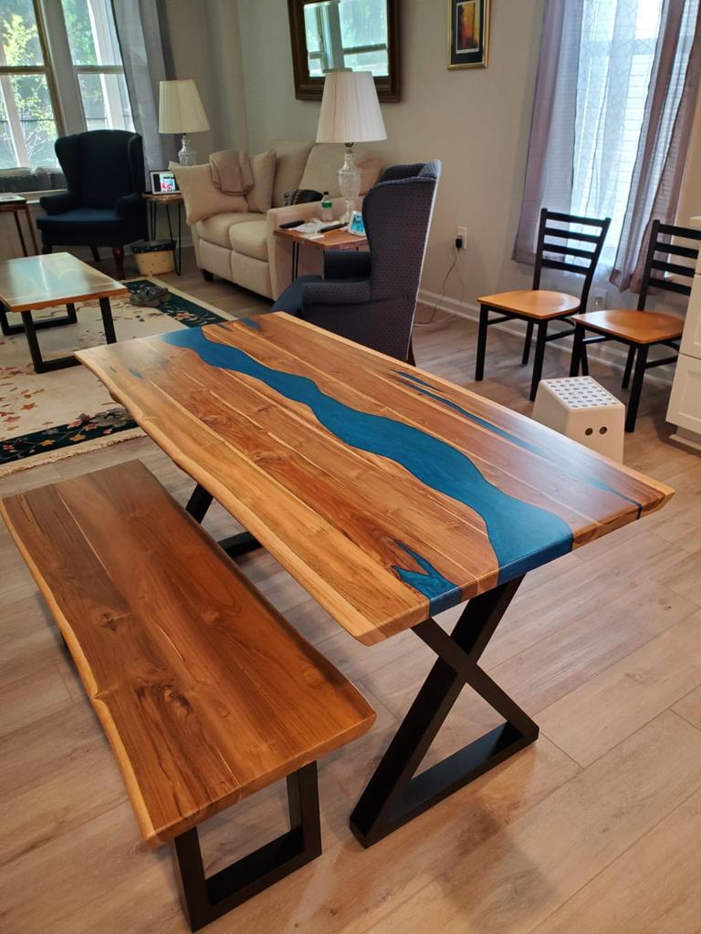 oceanic blue Live Edge epoxy dining table artistic epoxy wooden dining table set with bench in blue resin river 