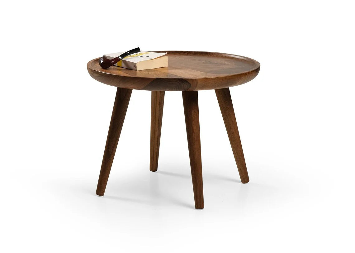 Wooden side table with a book and glasses on a white background