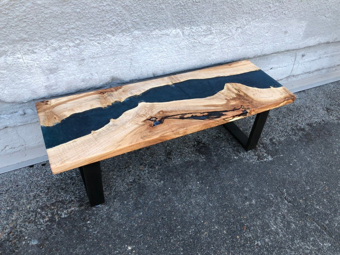 Canyon Flow Smokey Navy Epoxy Resin Bench | 4ft Live Edge Wood Bench | WoodsBuddy