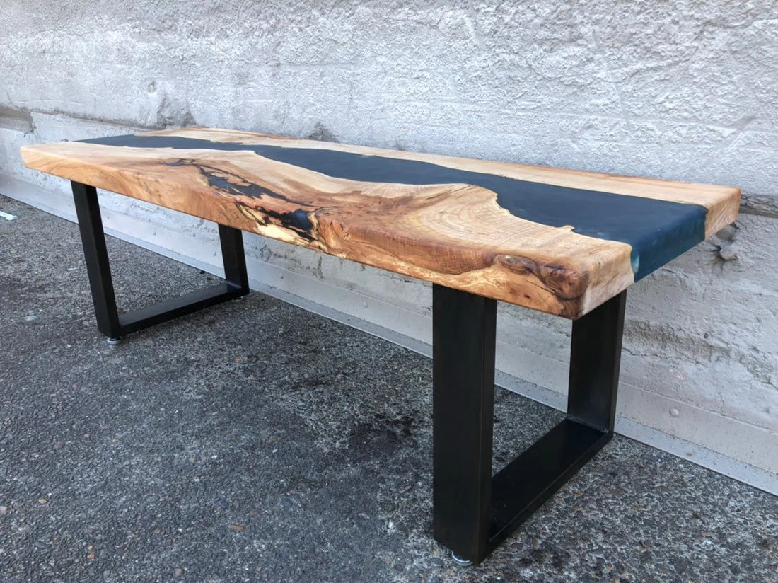 Canyon Flow Smokey Navy Epoxy Resin Bench | 4ft Live Edge Wood Bench | WoodsBuddy