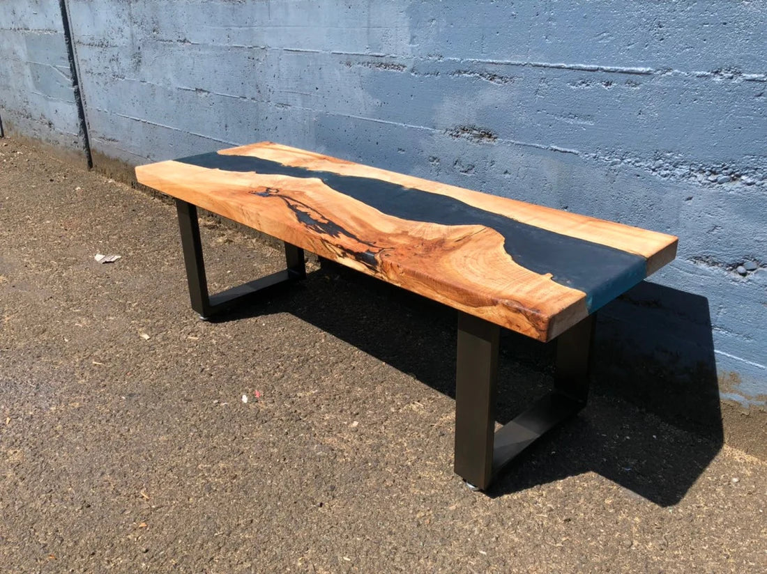 Canyon Flow Smokey Navy Epoxy Resin Bench | 4ft Live Edge Wood Bench | WoodsBuddy