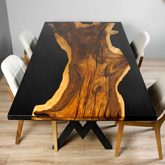 Wood’s Buddy Onyx Single Slab Black Epoxy River Solid Wood Dining Table – 6 Seater Live Edge | Matte Finish | Industrial Metal Base