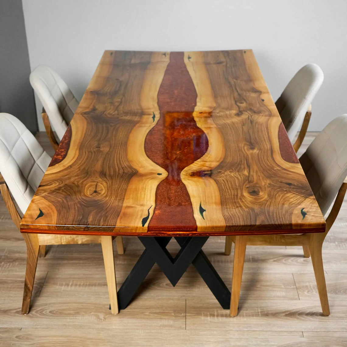 Crimson Lava Epoxy Resin River Dining Table – Live Edge Glossy Solid Wood 6-Seater | Wood’s Buddy