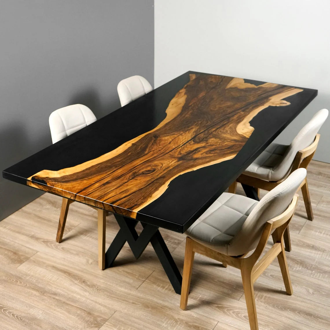 Wood’s Buddy Onyx Single Slab Black Epoxy River Solid Wood Dining Table – 6 Seater Live Edge | Matte Finish | Industrial Metal Base