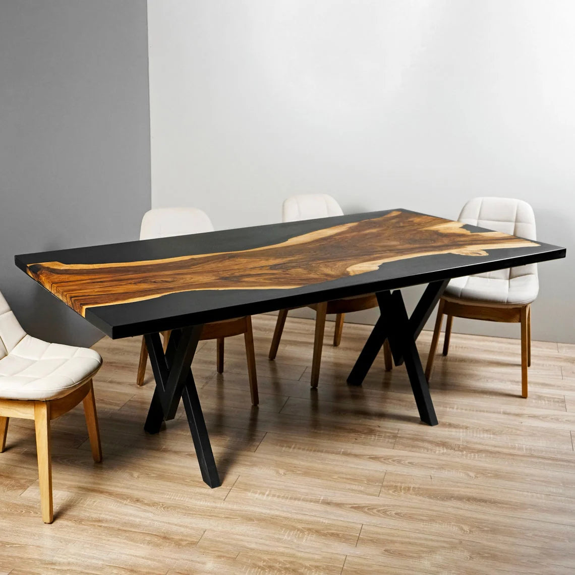 Wood’s Buddy Onyx Single Slab Black Epoxy River Solid Wood Dining Table – 6 Seater Live Edge | Matte Finish | Industrial Metal Base