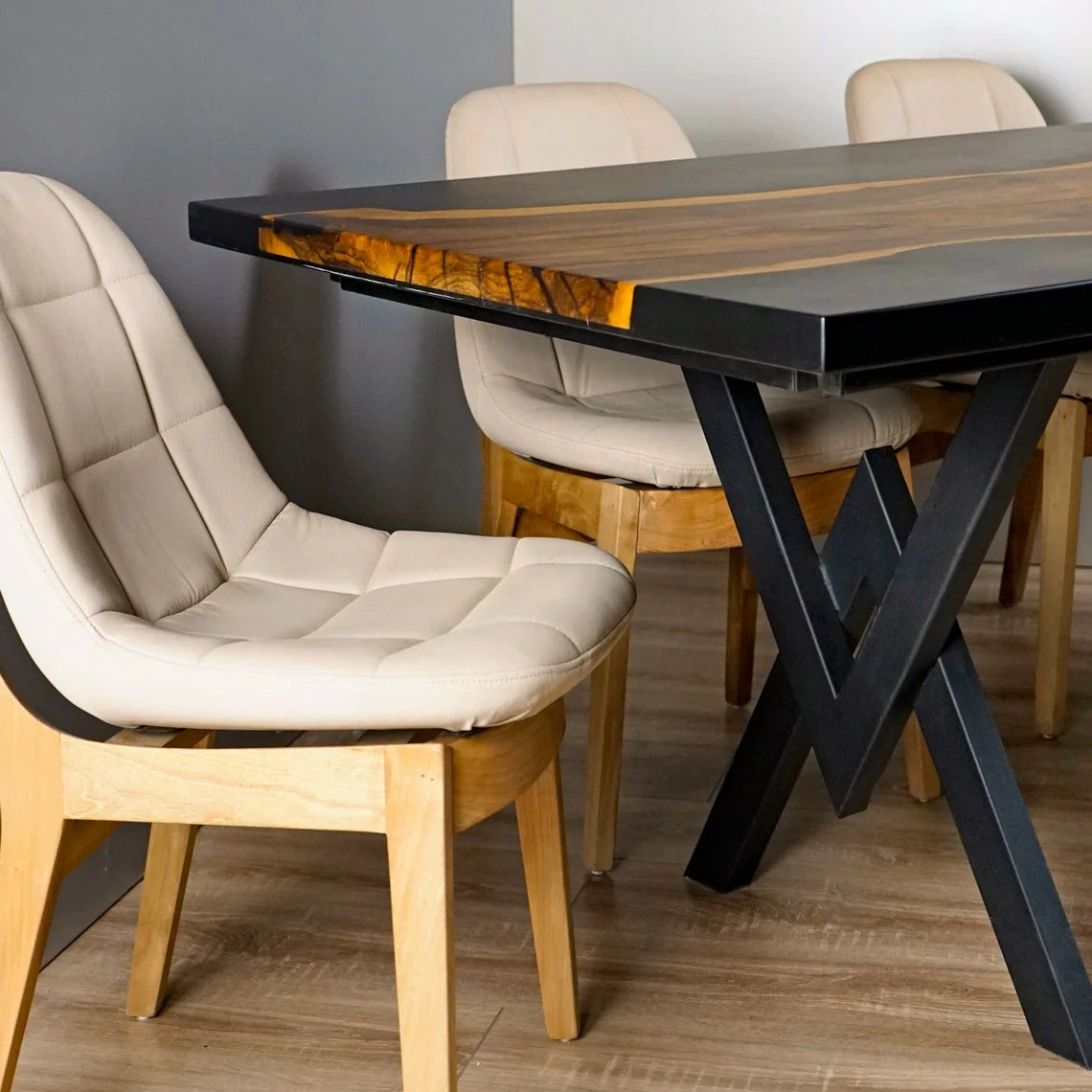 Wood’s Buddy Onyx Single Slab Black Epoxy River Solid Wood Dining Table – 6 Seater Live Edge | Matte Finish | Industrial Metal Base