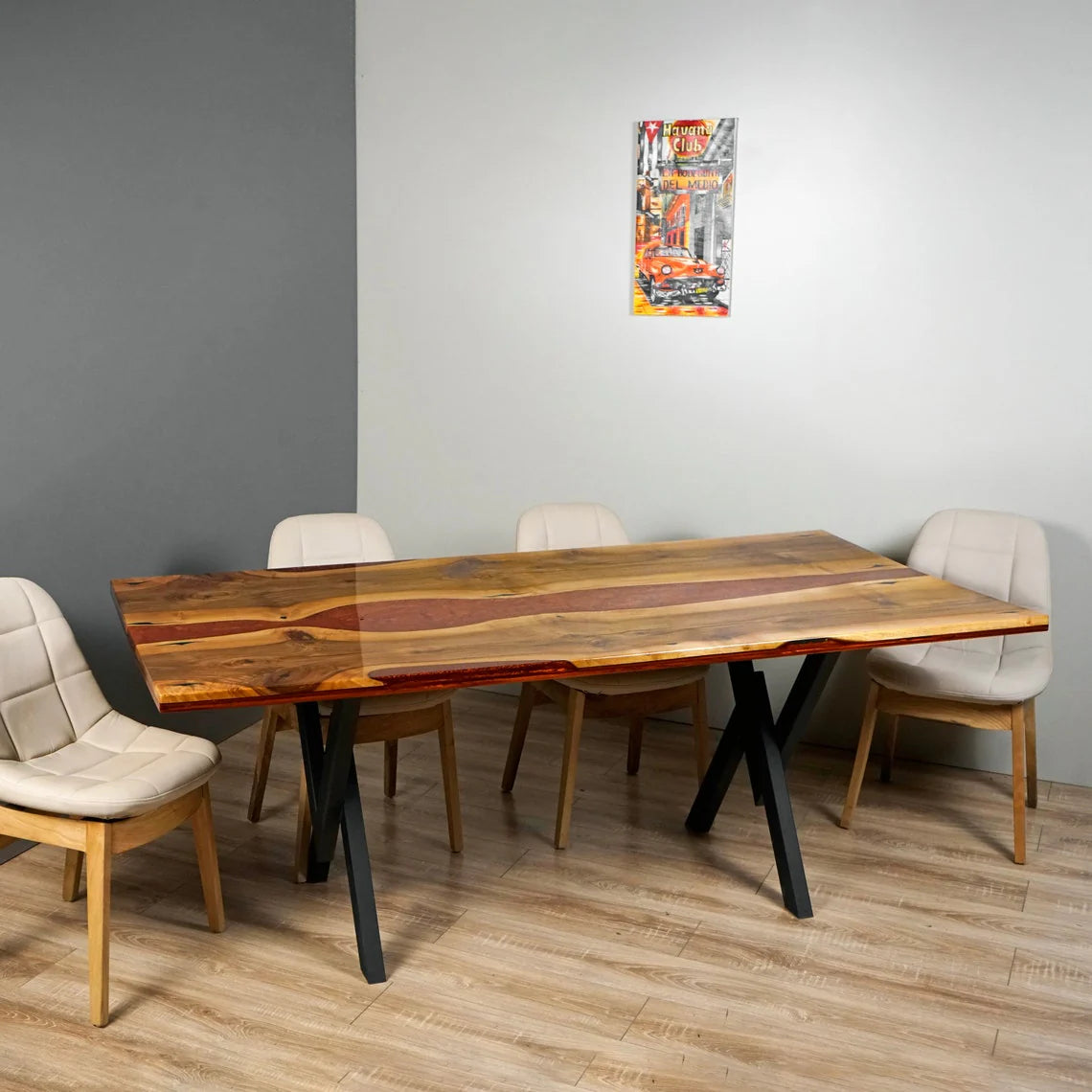 Crimson Lava Epoxy Resin River Dining Table – Live Edge Glossy Solid Wood 6-Seater | Wood’s Buddy