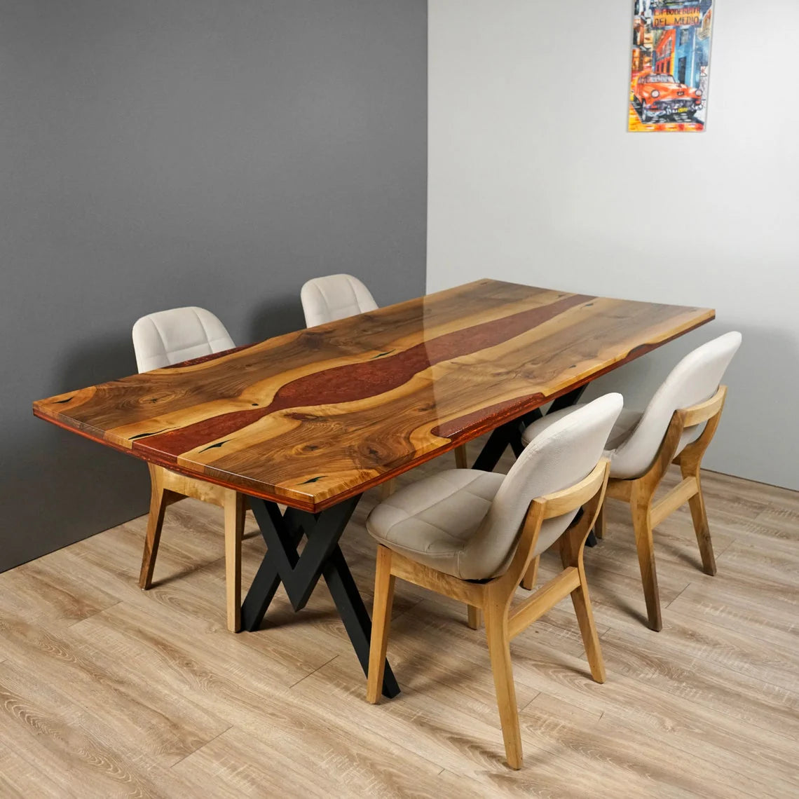 Crimson Lava Epoxy Resin River Dining Table – Live Edge Glossy Solid Wood 6-Seater | Wood’s Buddy