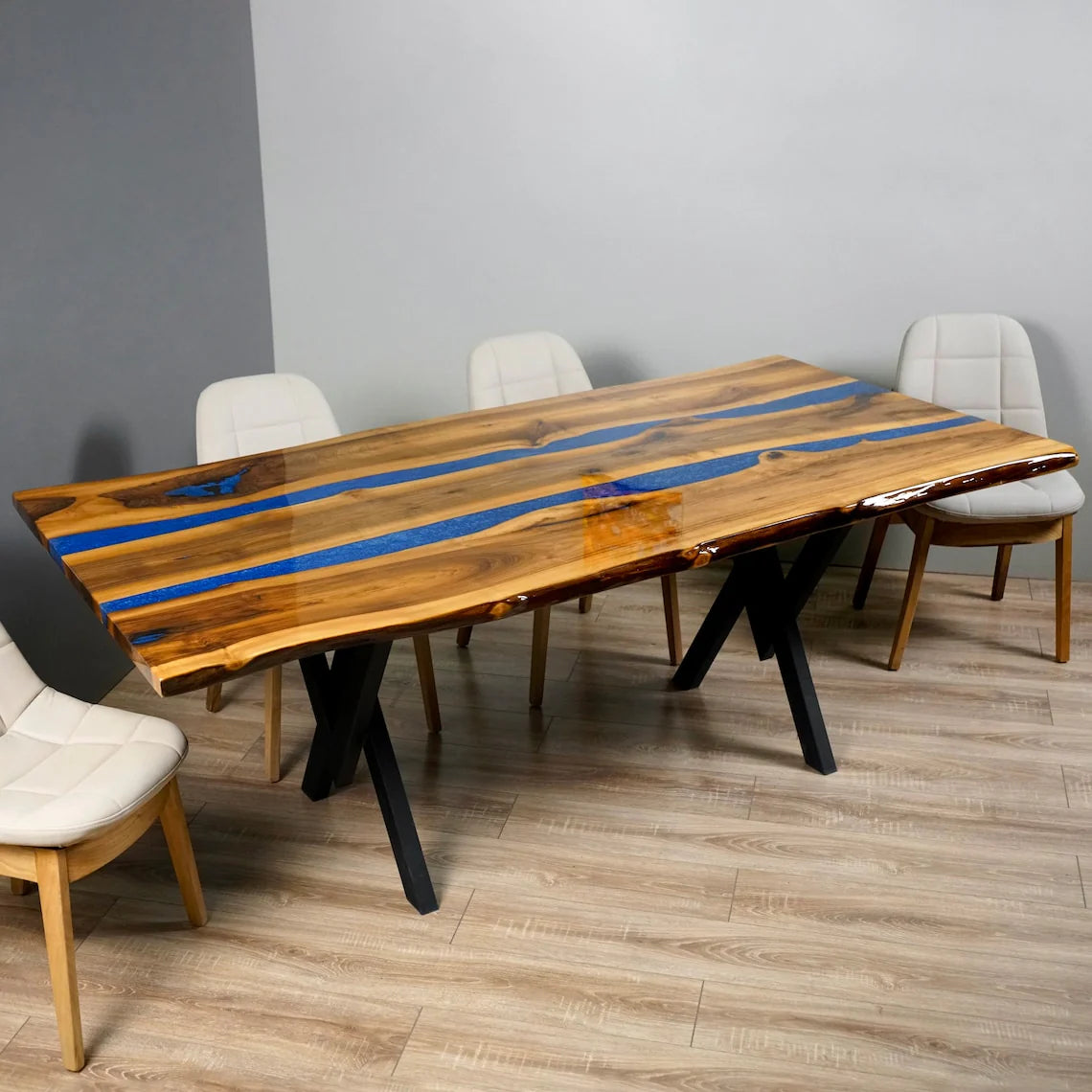 Double Blue Epoxy River Live Edge Solid Wood Dining Table – 6 Seater Matt Finish | Wood’s Buddy