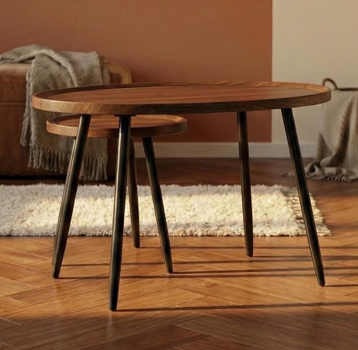 Nestrova Round Nesting Tables Set of 2 – Solid Wood Modern Space-Saving Side Tables | WoodsBuddy