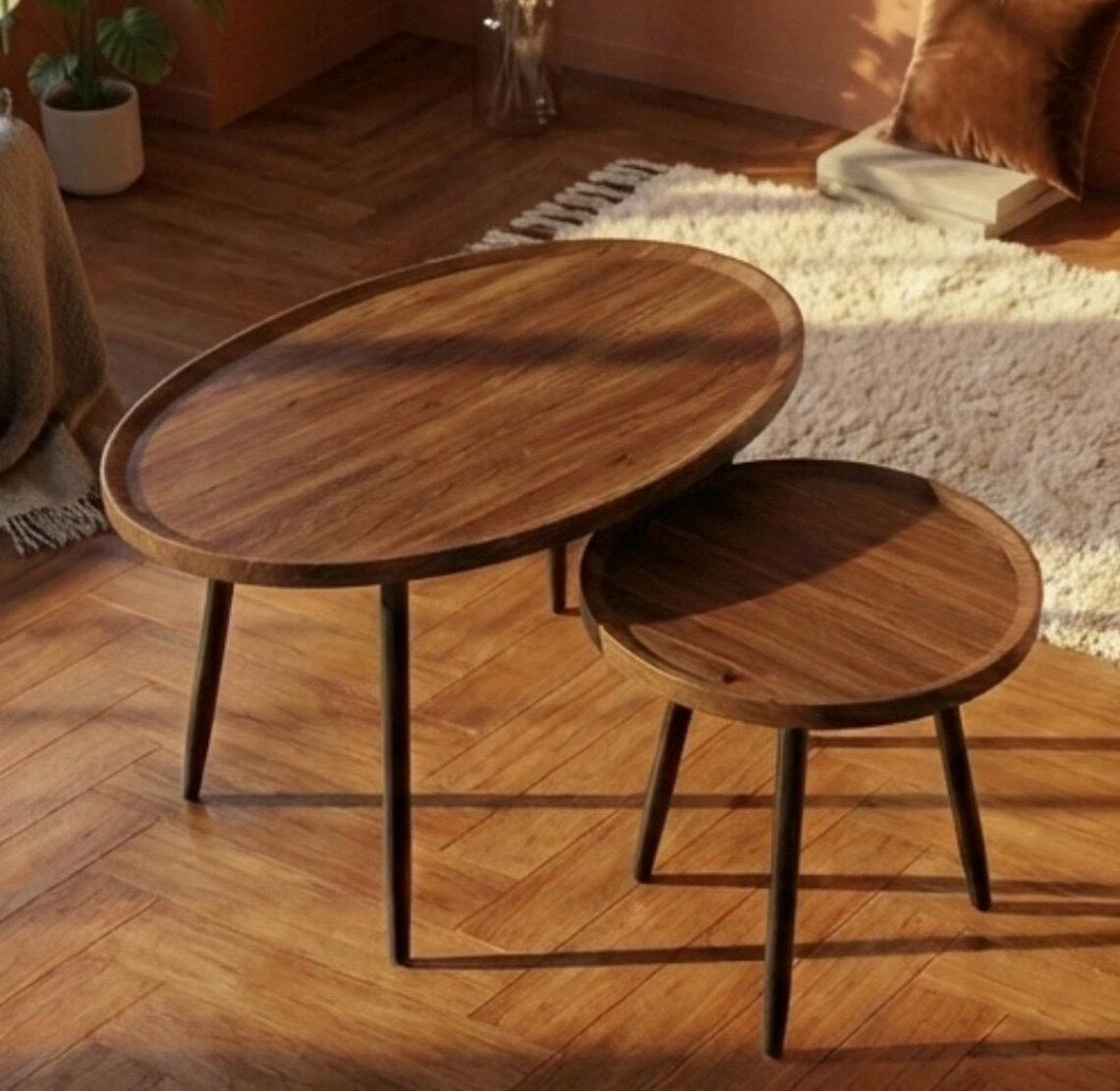 Nestrova Round Nesting Tables Set of 2 – Solid Wood Modern Space-Saving Side Tables | WoodsBuddy