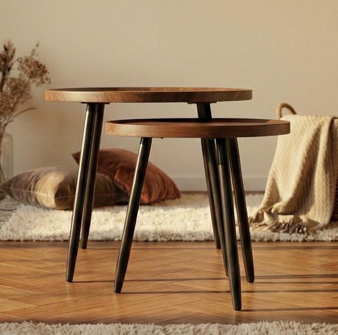Nestrova Round Nesting Tables Set of 2 – Solid Wood Modern Space-Saving Side Tables | WoodsBuddy