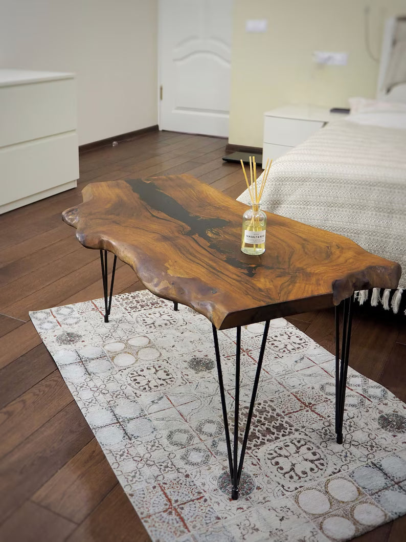 Wood’s Buddy Natural Live Edge Acacia Black Epoxy Coffee Table – Hairpin Leg Industrial Centre Table