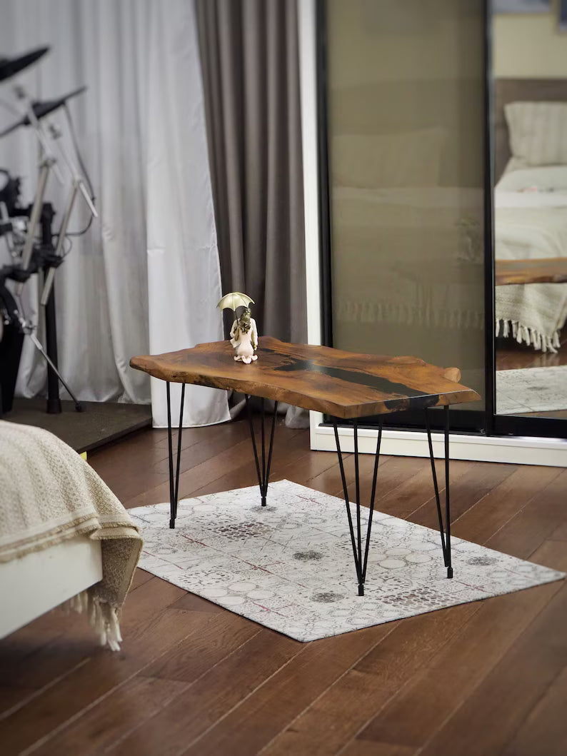 Wood’s Buddy Natural Live Edge Acacia Black Epoxy Coffee Table – Hairpin Leg Industrial Centre Table