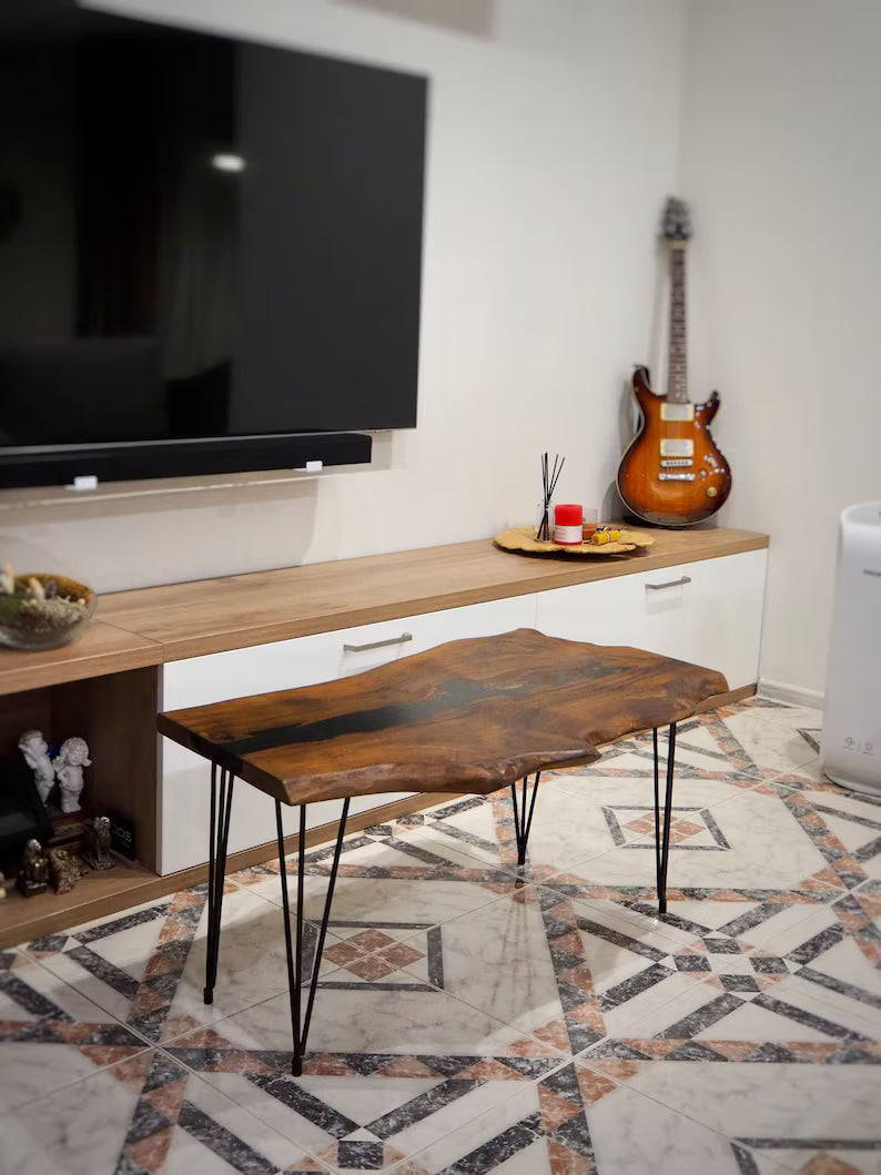 Wood’s Buddy Natural Live Edge Acacia Black Epoxy Coffee Table – Hairpin Leg Industrial Centre Table
