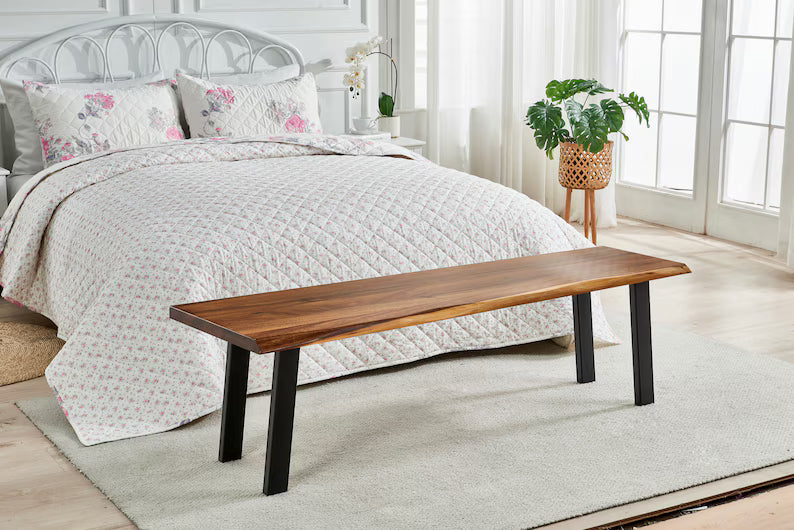Sereno Solid Wood Bed-End Bench 5 ft – Live Edge Minimal Bedroom Seating | WoodsBuddy