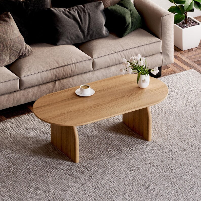 Wood's Buddy Solid Wood Japandi Coffee Table - Modern Oval Centre Table with Organic Curves & Natural Finish