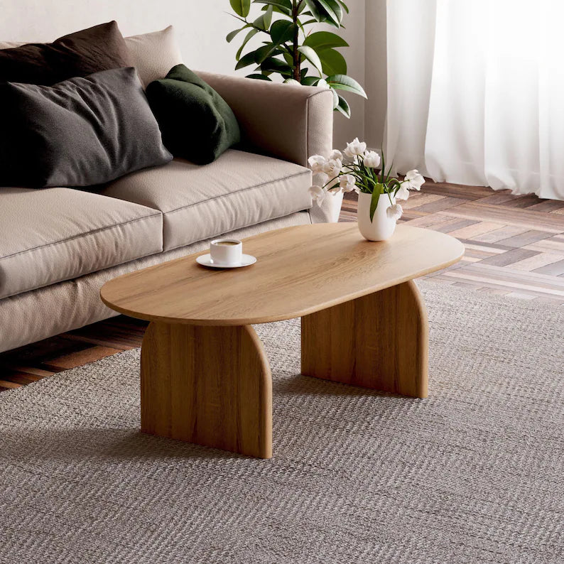 Wood's Buddy Solid Wood Japandi Coffee Table - Modern Oval Centre Table with Organic Curves & Natural Finish