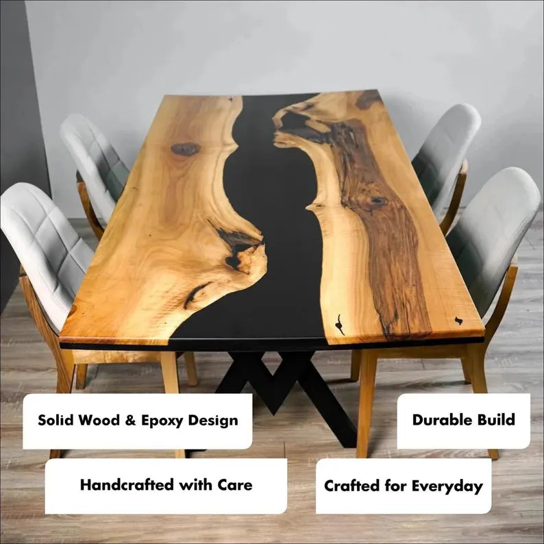 Sable Black Epoxy Resin River Solid Wood Dining Table – 6 Seater Matt Finish with Industrial X-Base | Wood’s Buddy