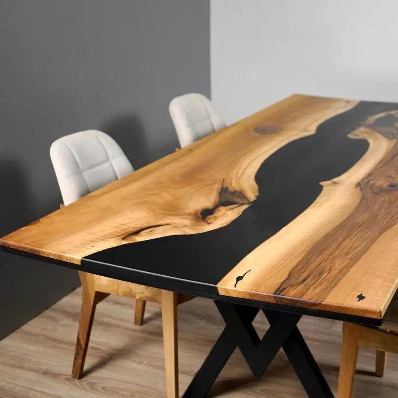 Sable Black Epoxy Resin River Solid Wood Dining Table – 6 Seater Matt Finish with Industrial X-Base | Wood’s Buddy