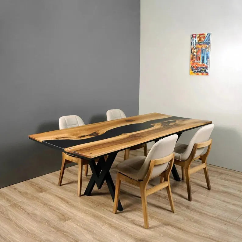 Sable Black Epoxy Resin River Solid Wood Dining Table – 6 Seater Matt Finish with Industrial X-Base | Wood’s Buddy