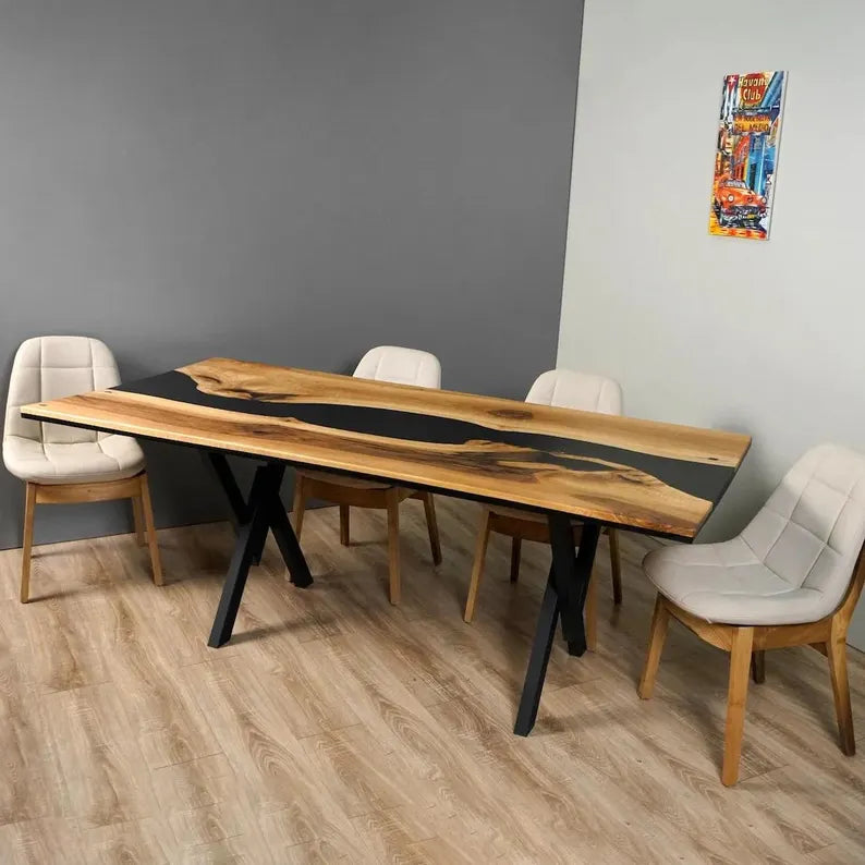 Sable Black Epoxy Resin River Solid Wood Dining Table – 6 Seater Matt Finish with Industrial X-Base | Wood’s Buddy