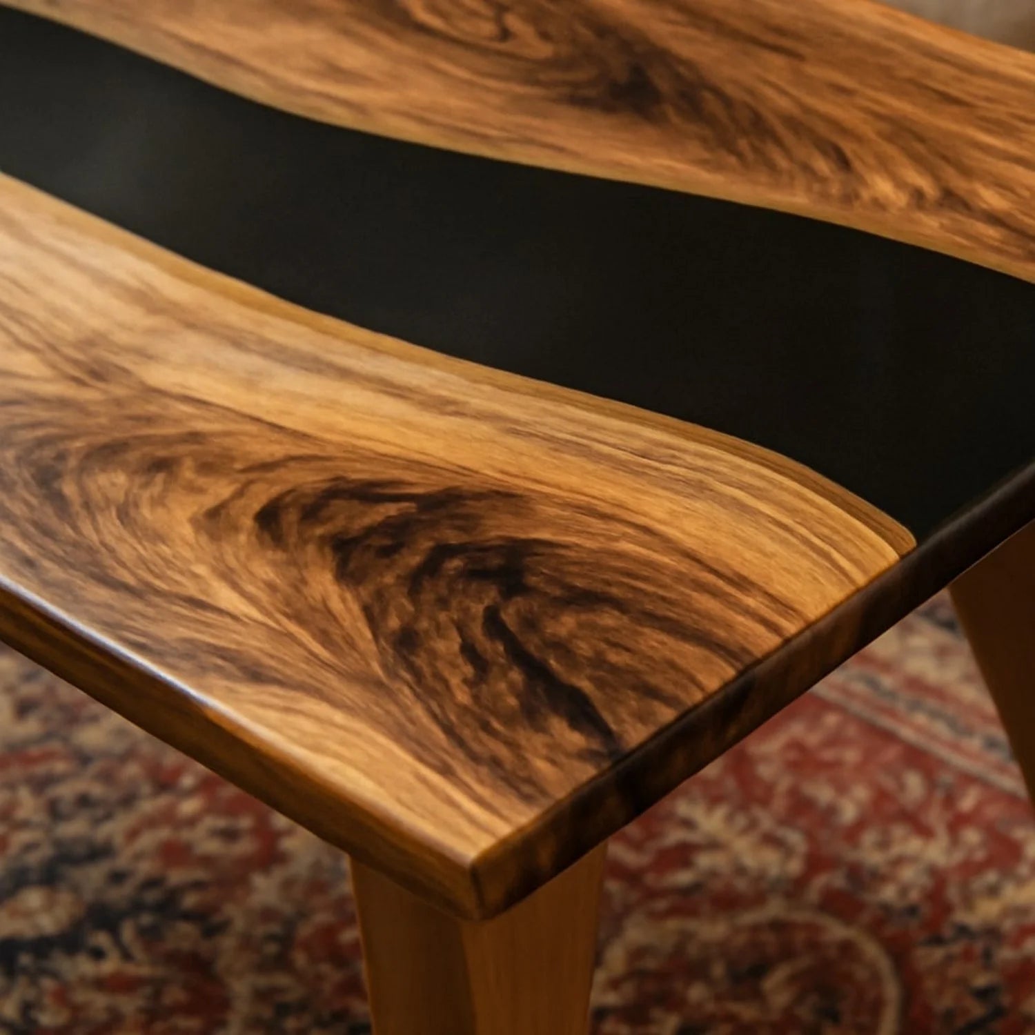 Midnight Acacia Wood Coal Black Epoxy Resin River Center Table | Wooden Legs