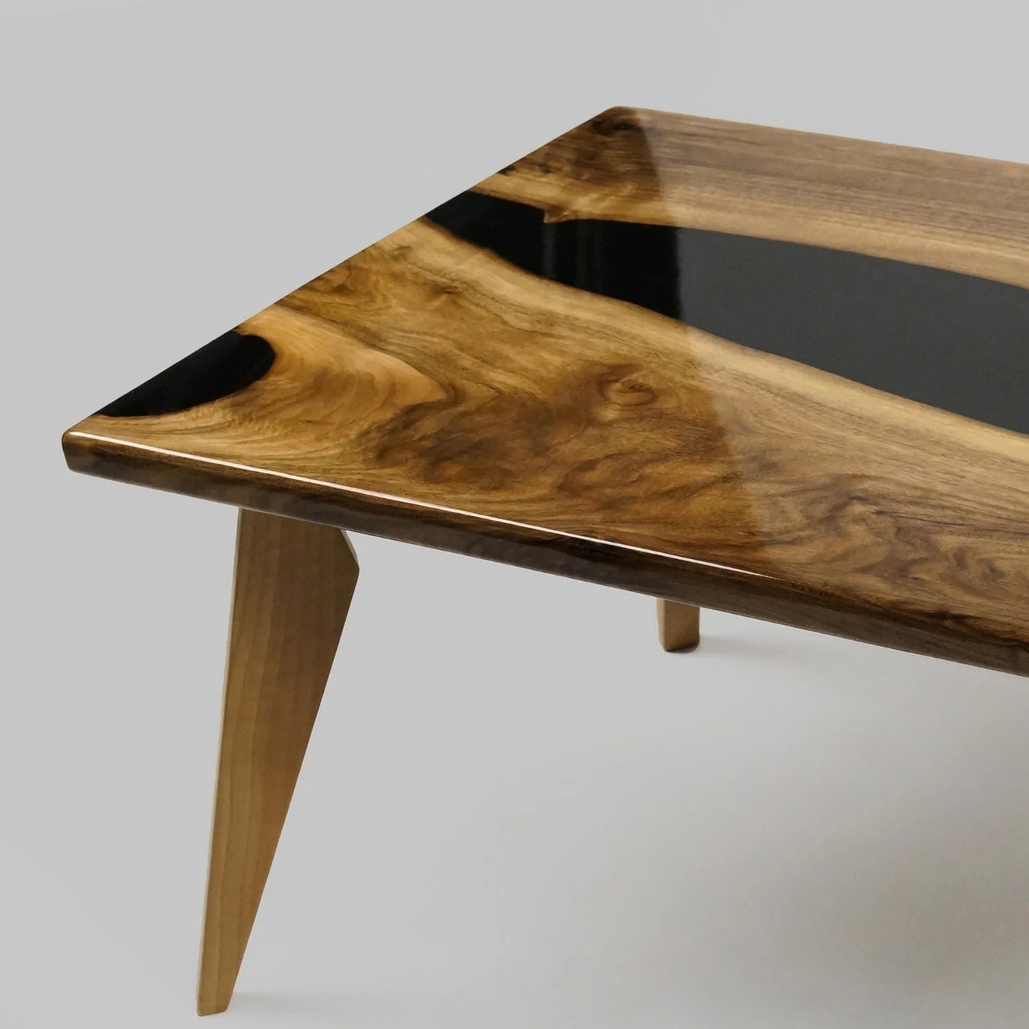 Midnight Acacia Wood Coal Black Epoxy Resin River Center Table | Wooden Legs