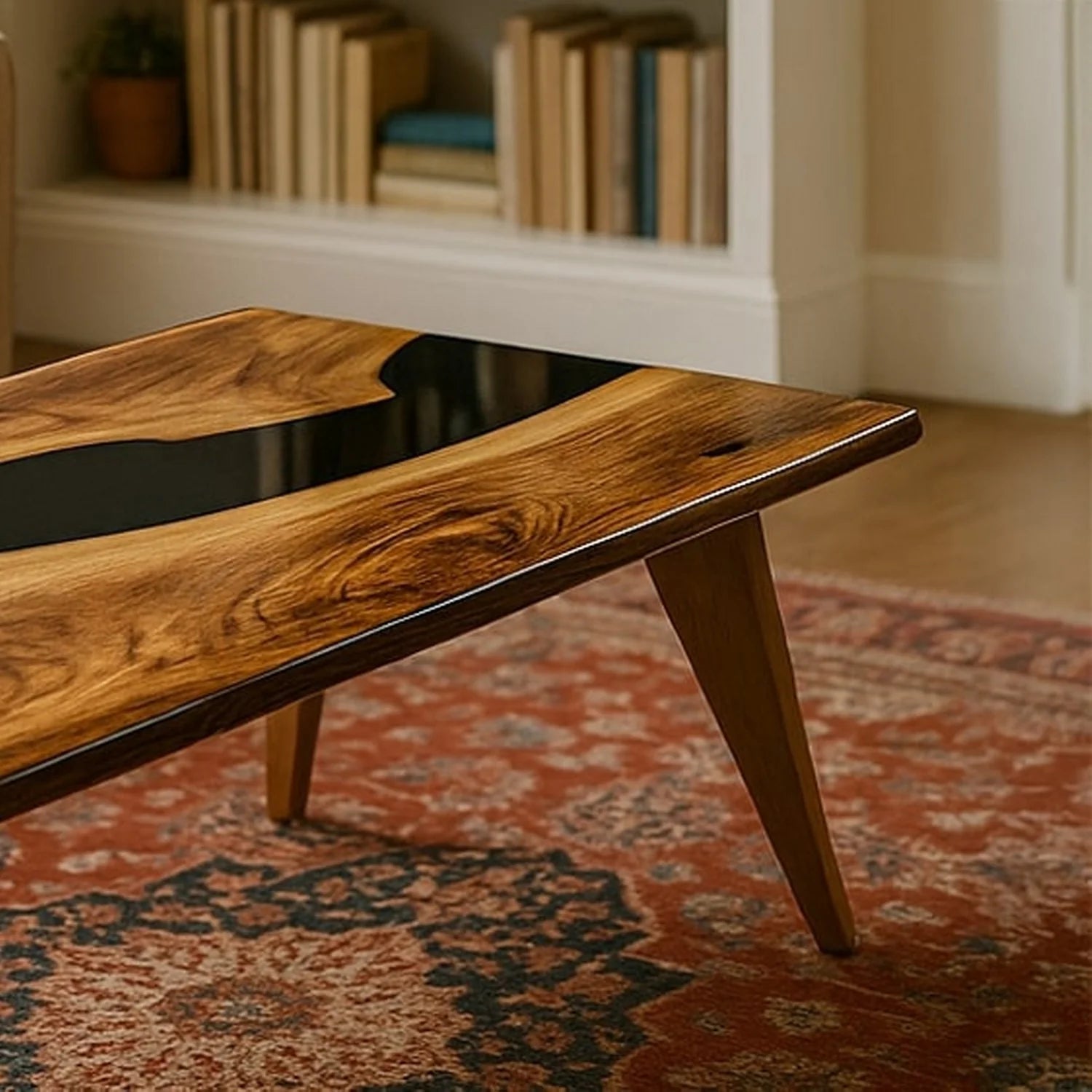 Midnight Acacia Wood Coal Black Epoxy Resin River Center Table | Wooden Legs