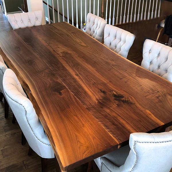 Solid Wood Finish Live Edge 6-Seater Dining Table – Walnut Finish Steel Pedestal Base | Wood’s Buddy