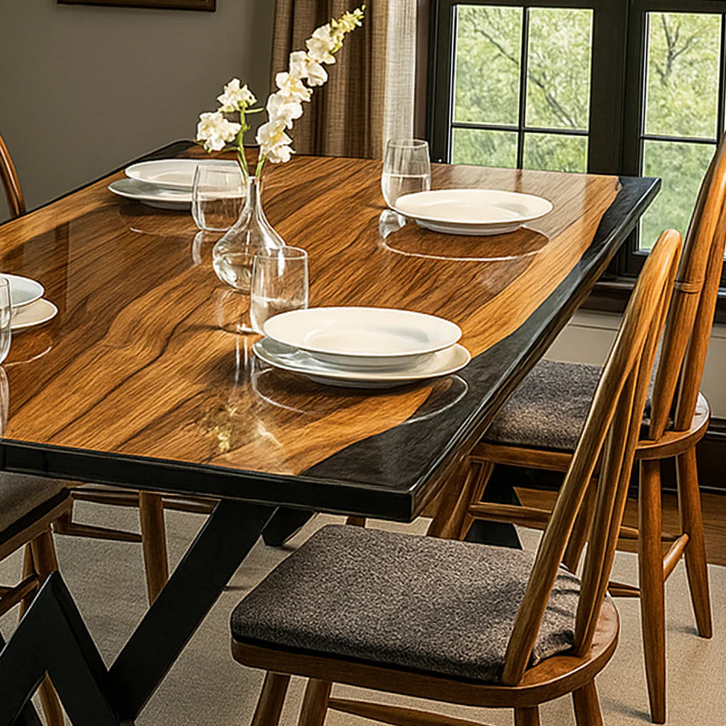 Transparent Black Epoxy Resin Dining Table – Live Edge Semi-Gloss Solid Wood 6-Seater | Wood’s Buddy