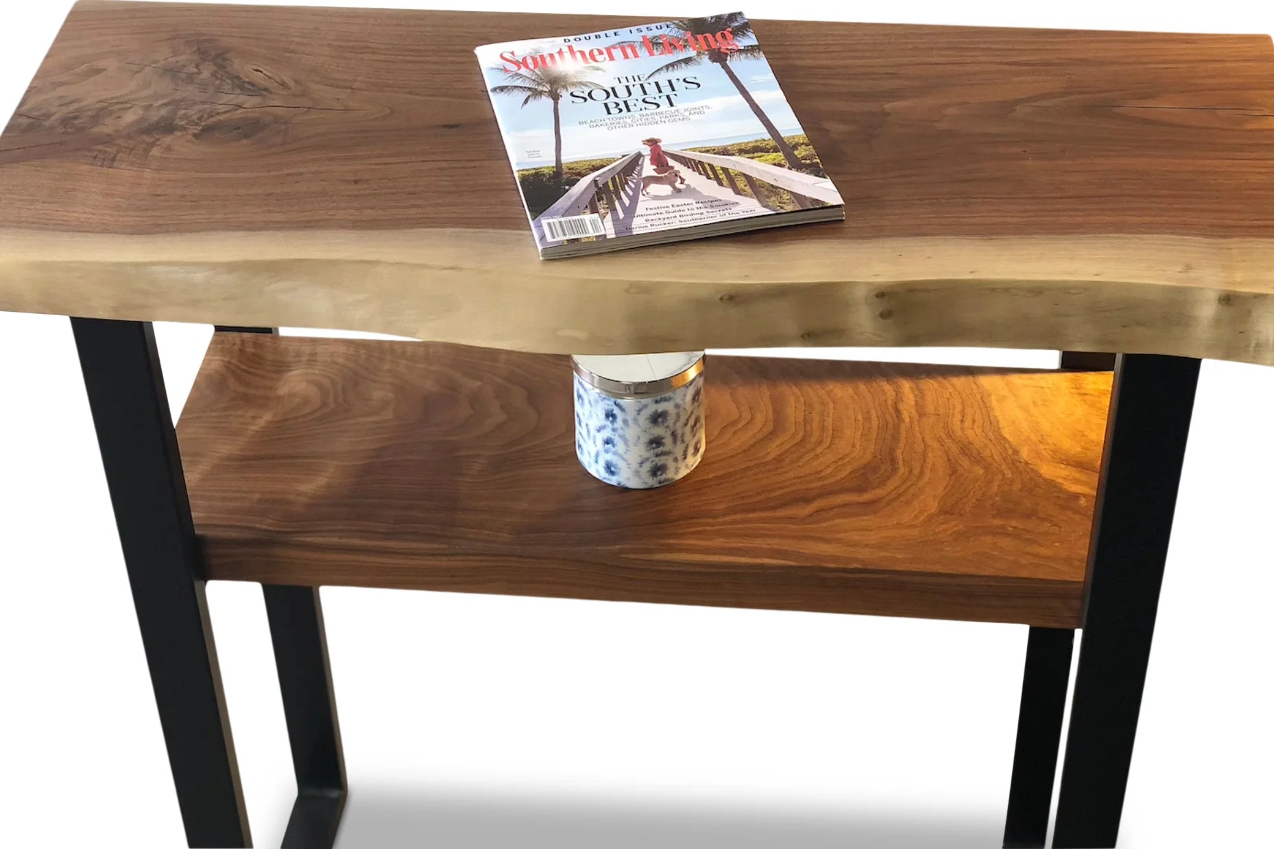 DuoSpan Live Edge Sofa Back Table 36x10 with Shelf – Solid Wood Narrow Console | 2 Tier Shelf Design